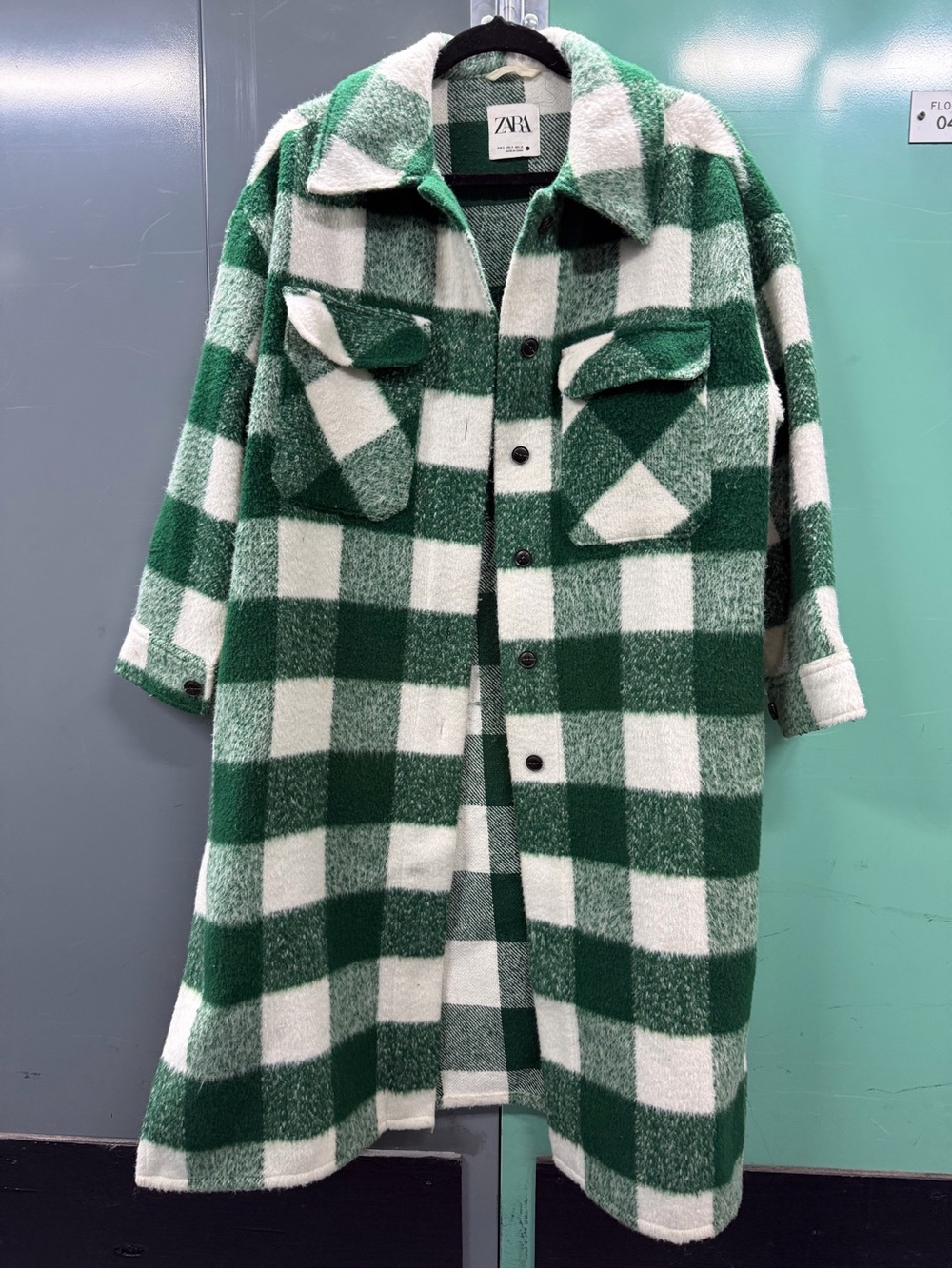 Zara Women’s Green & White Check Fleece Shacket Coat